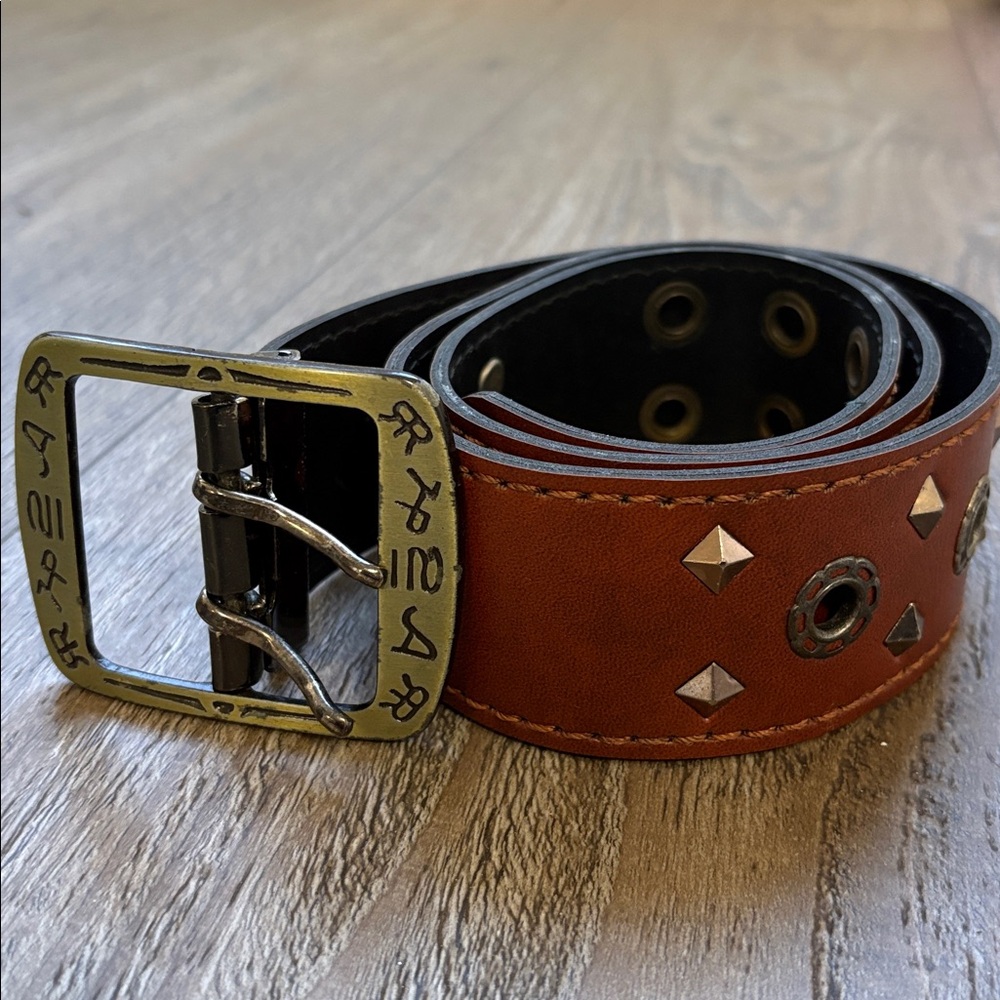 Vintage Brown Leather Wide Belt w Decorative Buckle Silver Tone Studs & Grommets
